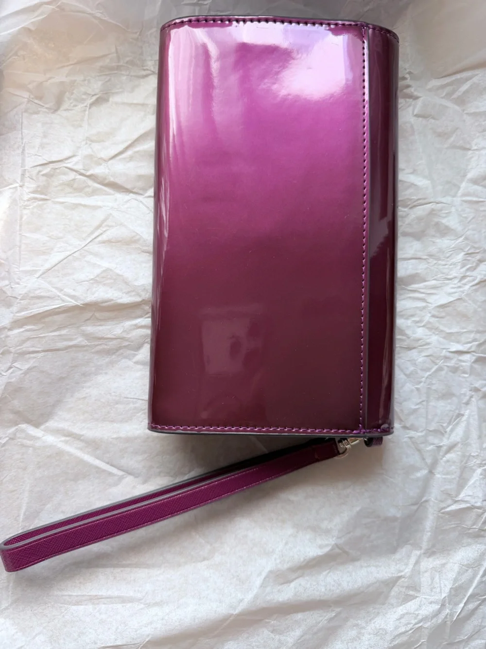 Kate Spade Glossy Magenta Patent Leather Clutch with metal logo plate